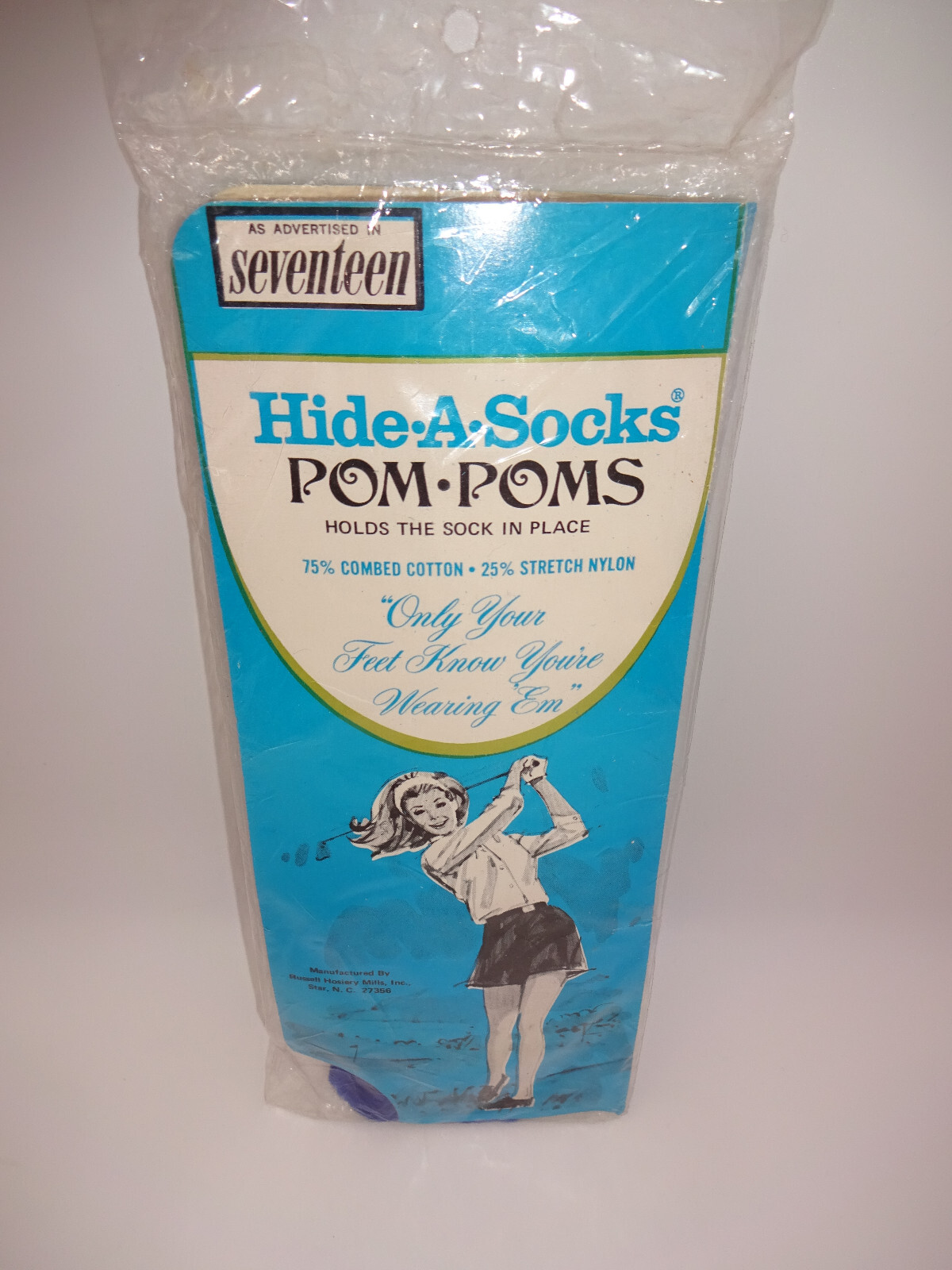 NOS New Vintage 1960s/1970s White Hide A Socks Blue Pom Poms 8.5-11 Stretch