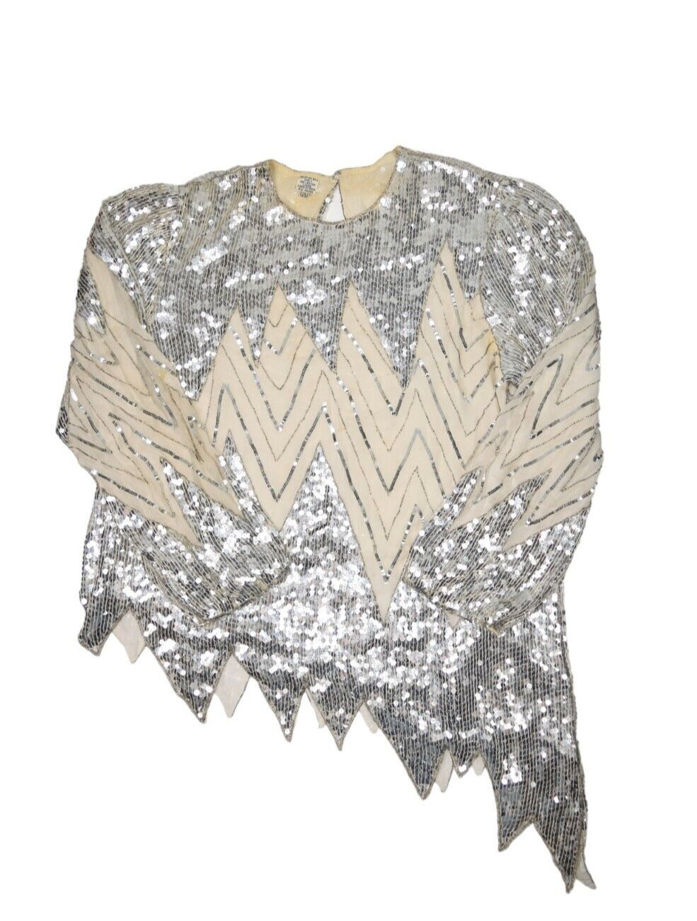 Vintage Sequin Top Womens XL Silk Silver Dance Disco Asymmetric Zig Zag Club