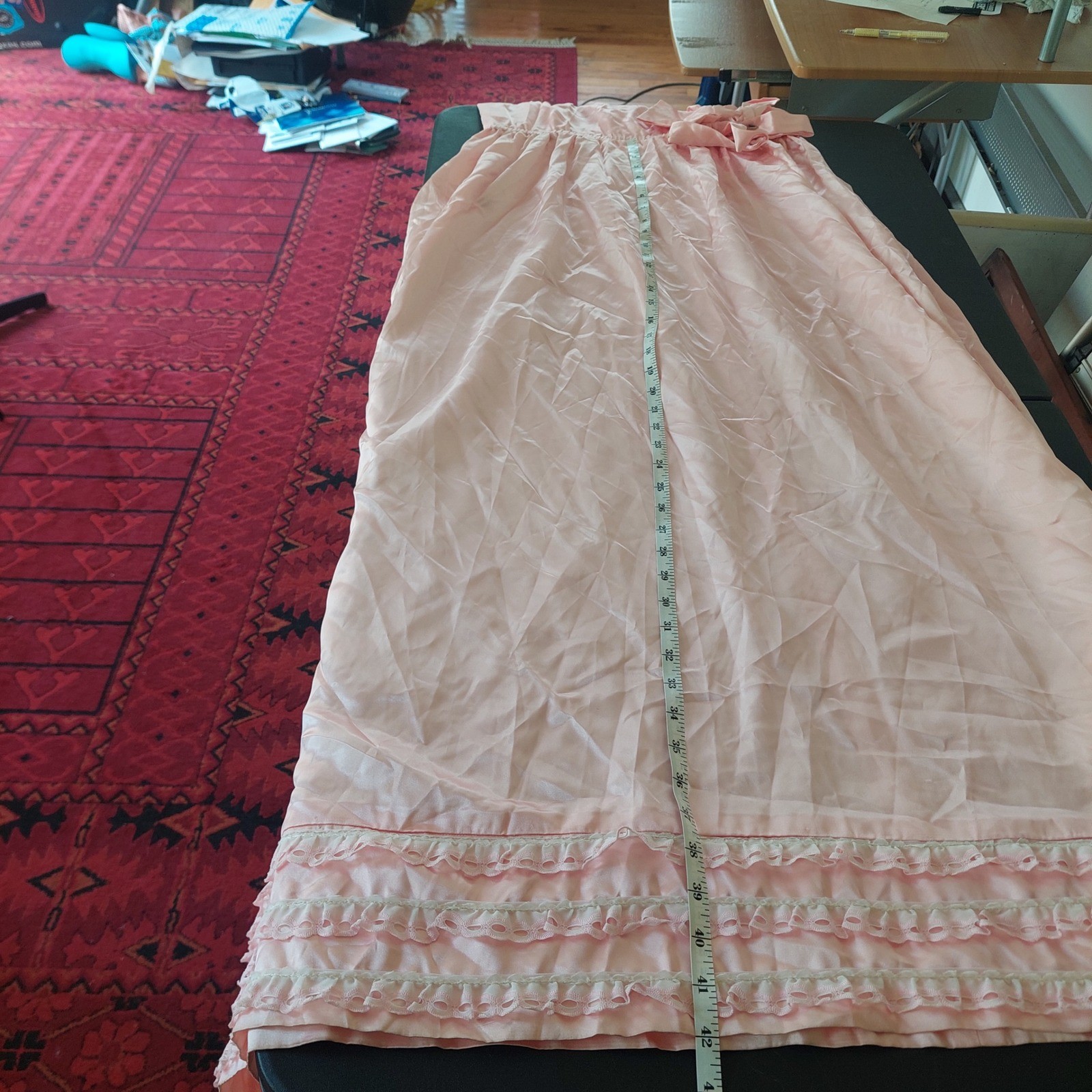 Vintage Homemade Pink Satin Lace Trim Maxi Sash Tie Ruffle Dress Sleeveless