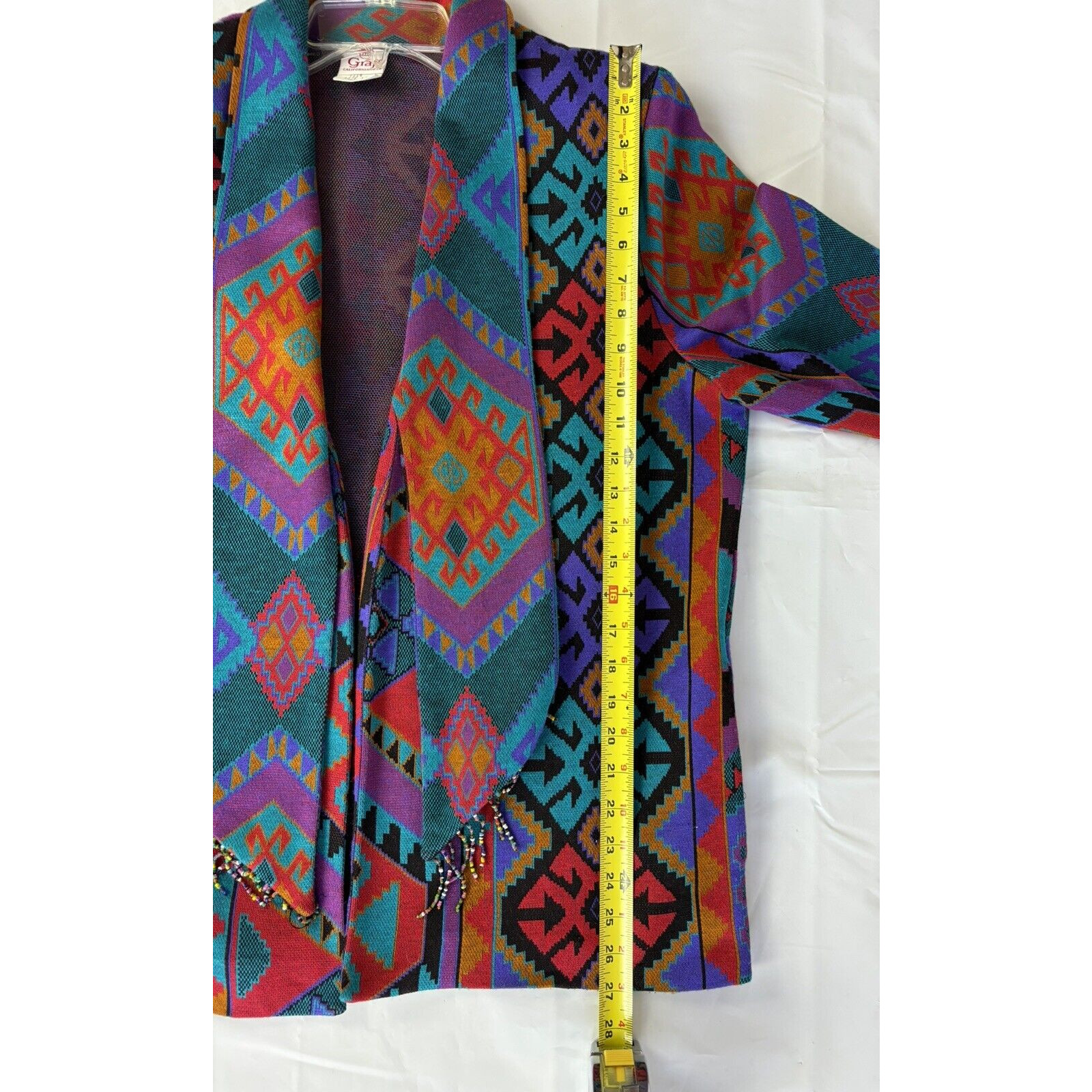 Vintage Graff California Wear Aztec Tribal Open Front Beaded Fringe Cardigan 14
