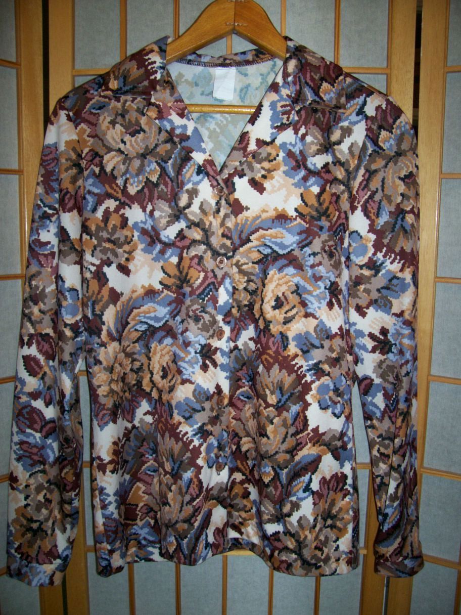 EUC Vtg 1970s Fall Season EARTH TONES OP ART FLORAL PRINT Shapely LS SHIRT Sz S