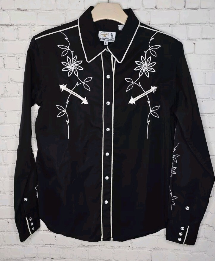 Panhandle Slim Western Pearl Snap Embroidery Black Shirt Rodeo Women Sz L USA