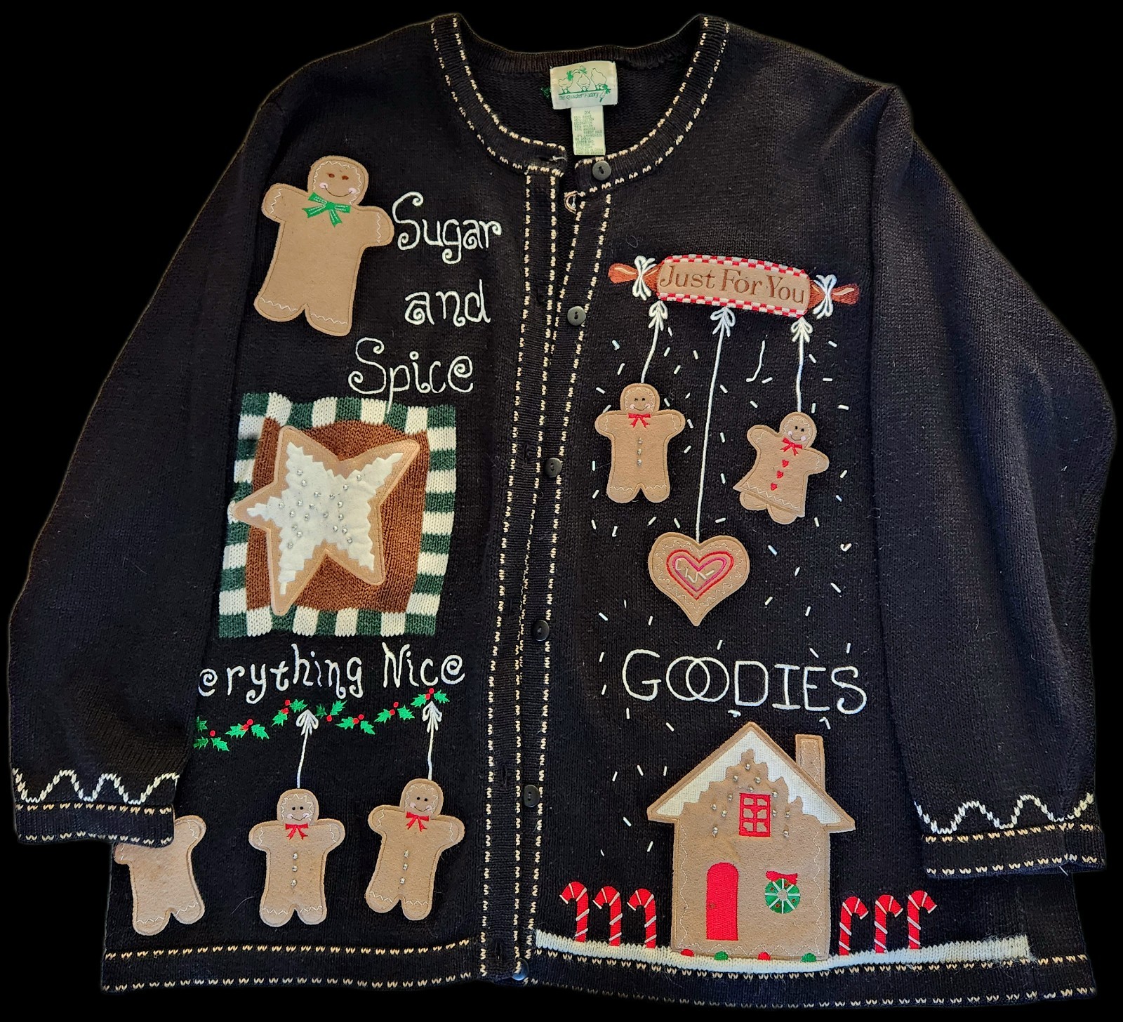 The Quacker Factory Christmas Cardigan Sweater Women’s XxL 2X Black Sugar Spice