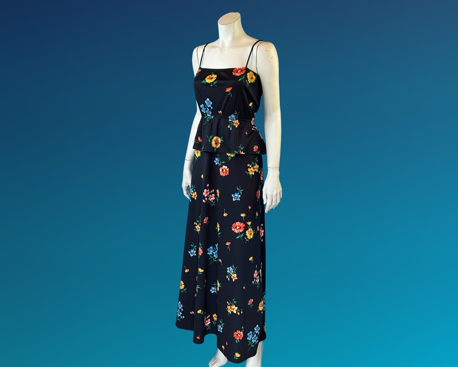 70s Boho Black Floral Print Peplum Maxi Sundress / S XS