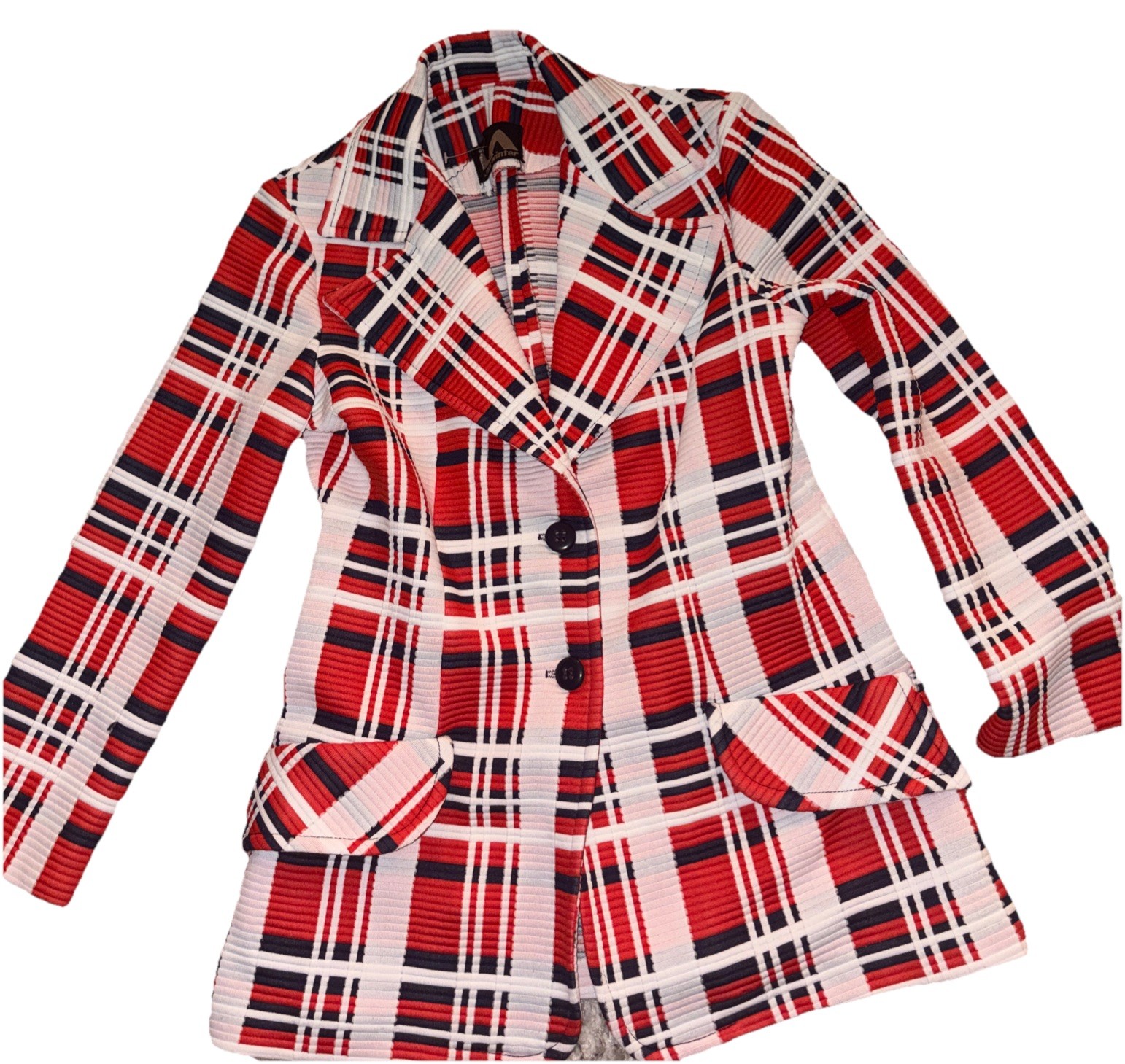 Vintage 70’s Red White Blue Plaid Polyester Leisure Jacket Blazer Garish- Ladies