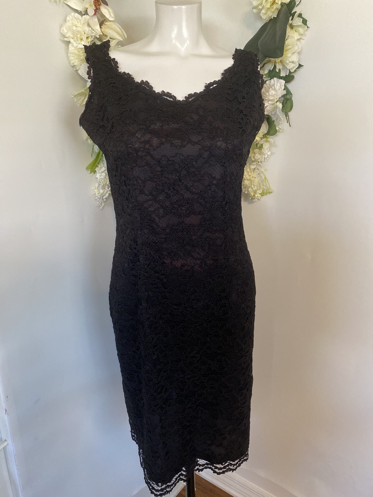 Vintage 1980’s Expo Nite Black Lace Sexy Midi Sheath Dress Size 12 Pin Up EUC