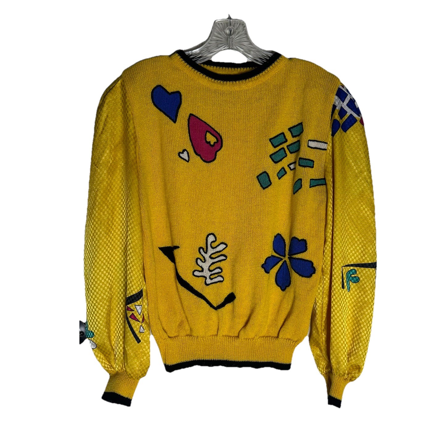 80s 90s Jaymee Papell Yellow blue geometric funky Satin Sleeve sweater Size M #2