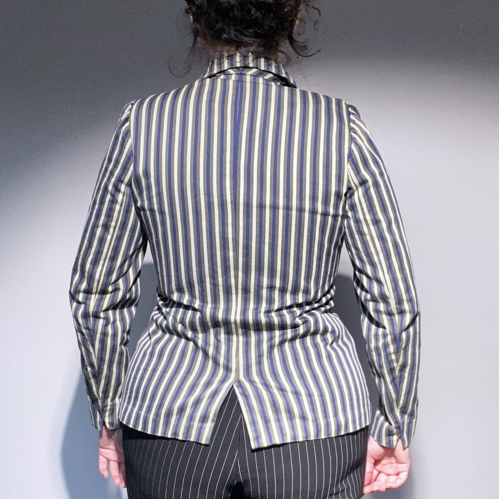 Vintage 40s Florence Walsh Green/Blue/Creme Striped Button Up Chore Blazer S