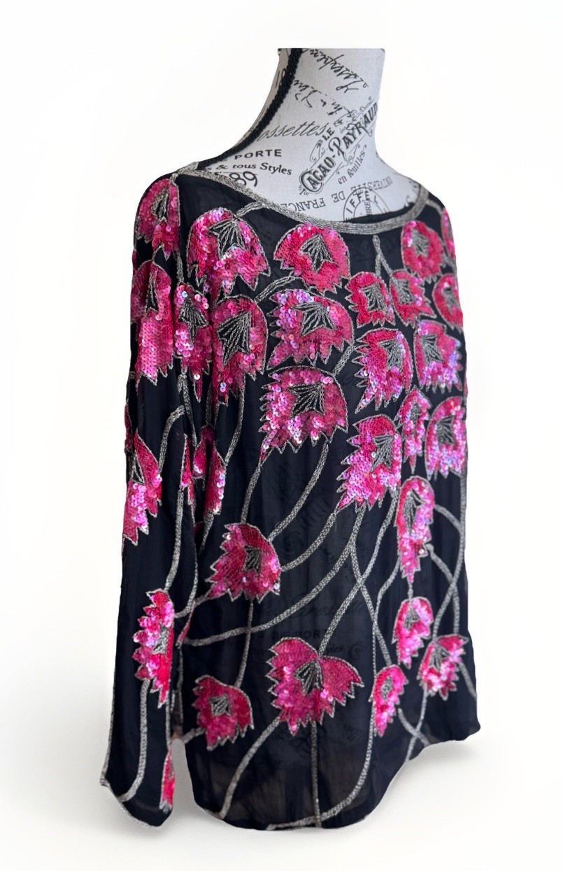 vintage 80s 90s shomax sequin black & pink beaded floral top gatsby Boho