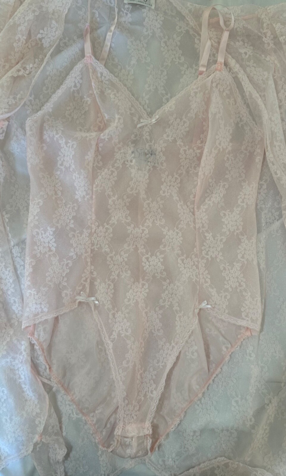 Women’s 2pc Vintage Samye Teddy Lingerie Sheer Soft Floral Lace and Robe Size Sm