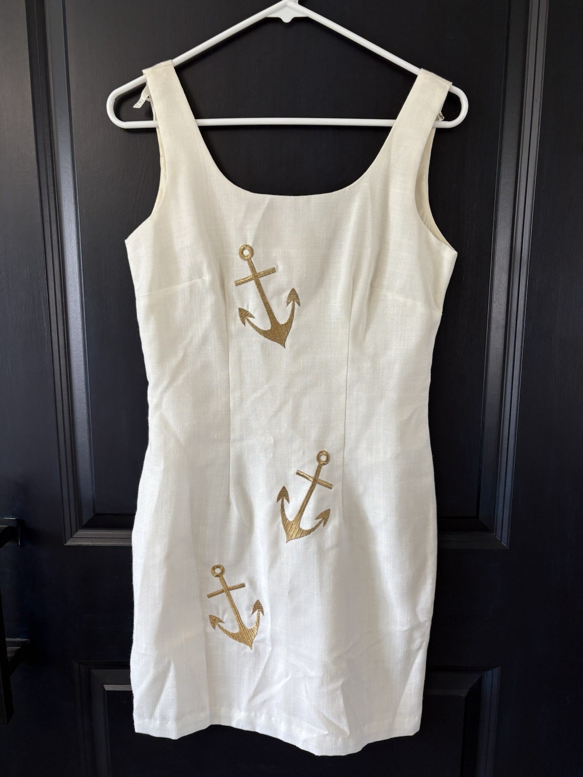 Vintage 80s Misty Lane Nautical Cream Gold Anchors Dress USA Union Made 3/4
