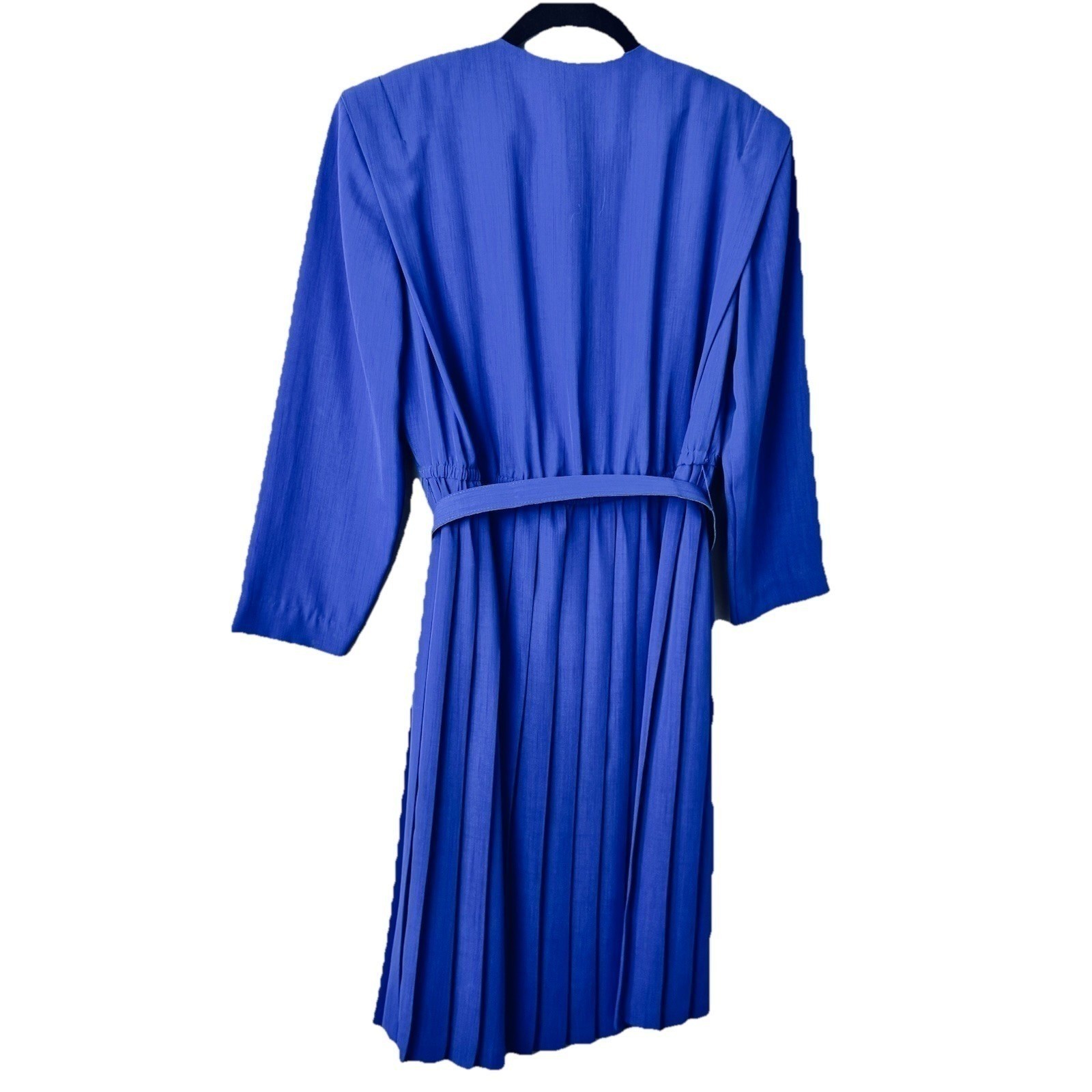 Leslie Fay Pleated Dress Women 12P Blue Vintage 80s Belted Midi Career