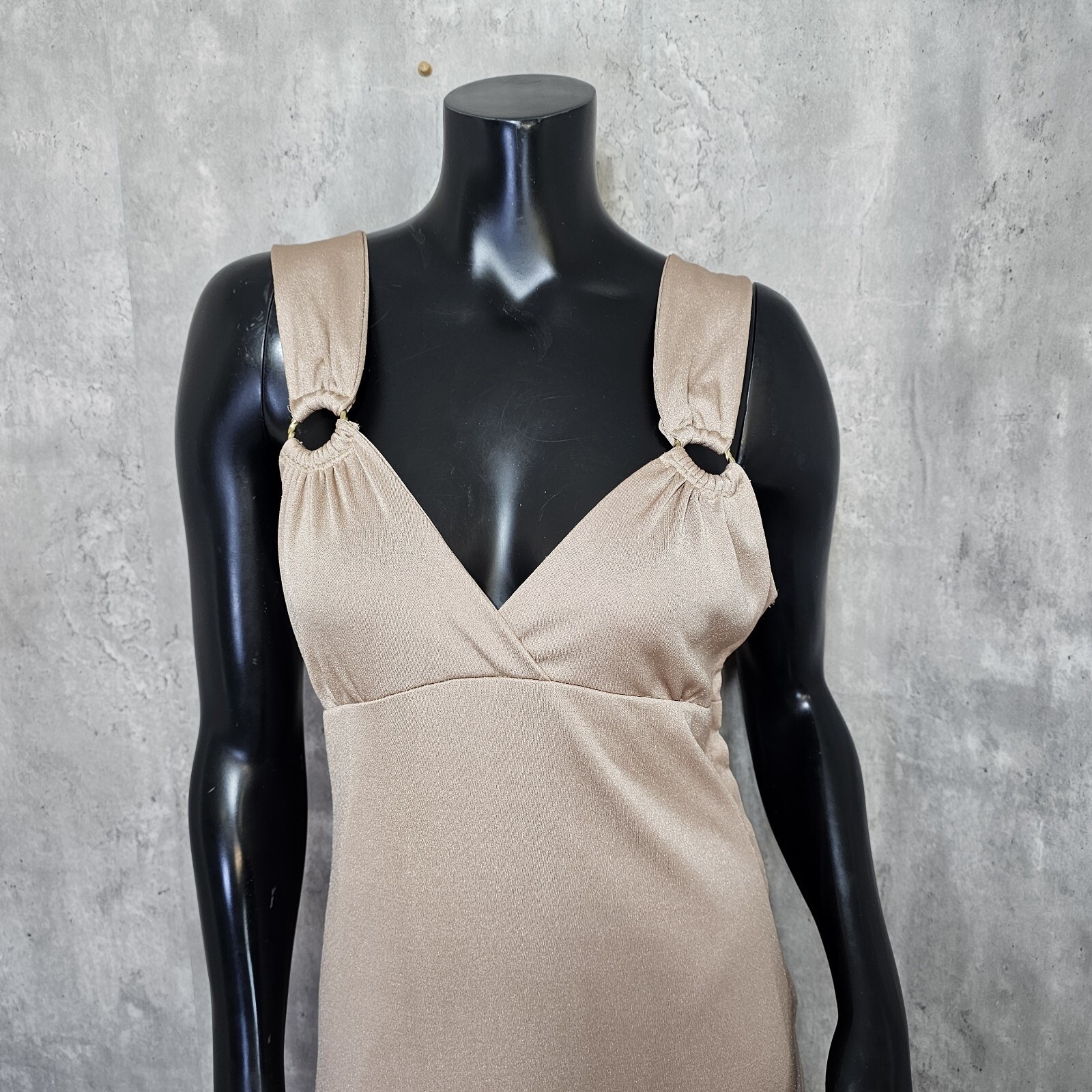 Vintage 70s 80s Champagne Gold Maxi Dress Talon Zipper Empire Waist Disco Gown