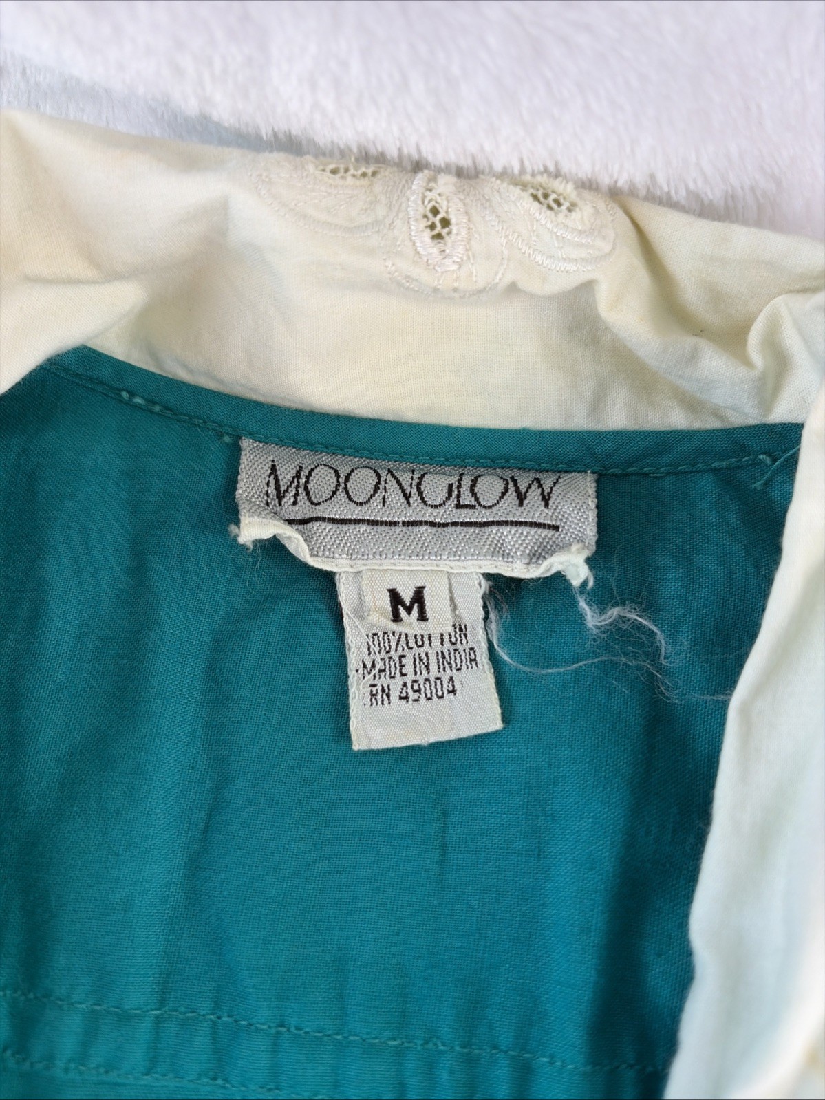 Vtg 80s Moonglow Teal Cotton Pleated Dress Lace Collar Timeless Rockabilly Med