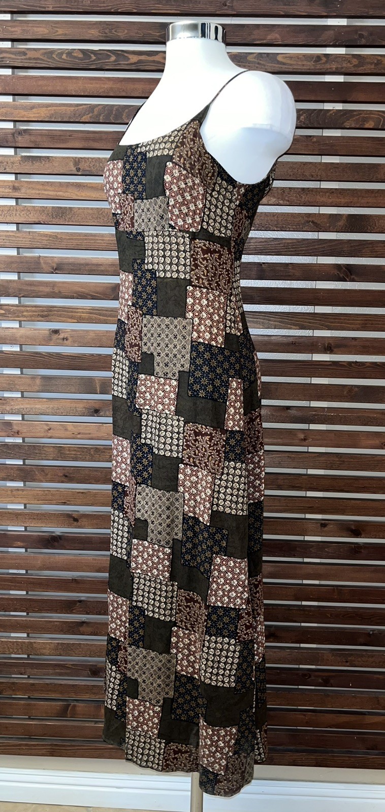 Vintage 1990s 90s Patchwork Print Brown Spaghetti Strap Grunge CTME Dress 3/4
