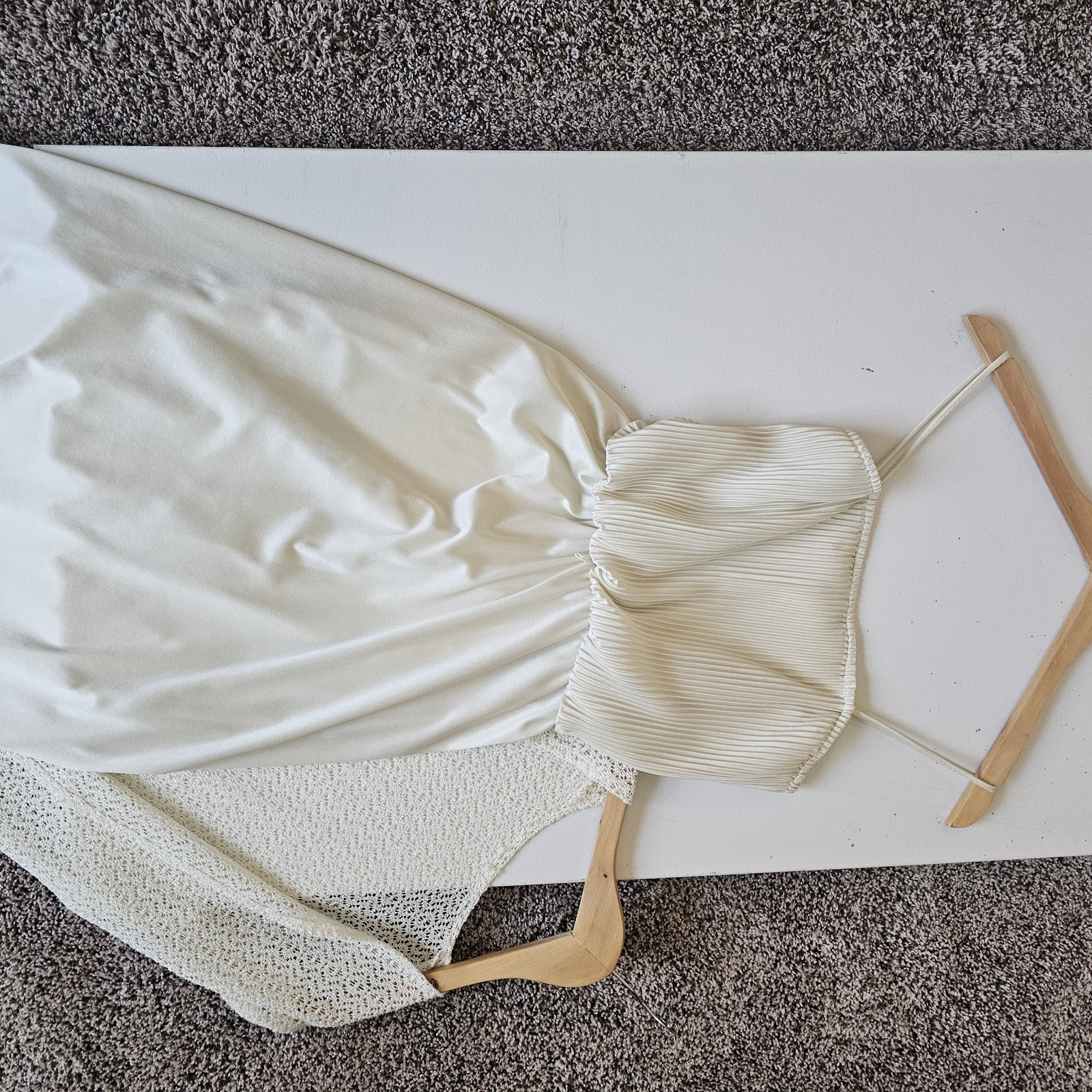 1970s Vintage Cream Ivory Spaghetti Strap Dress And Knit Lace Jacket Set #25