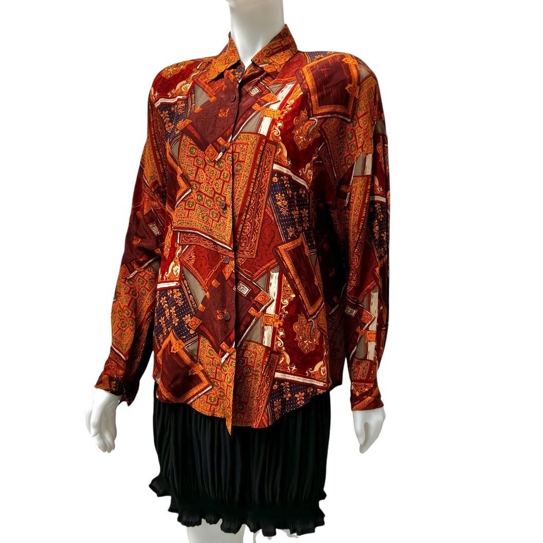 VTG Linda Allard Ellen Tracy Silk Blouse Scarf Print Office Siren 90’s 12 Tall