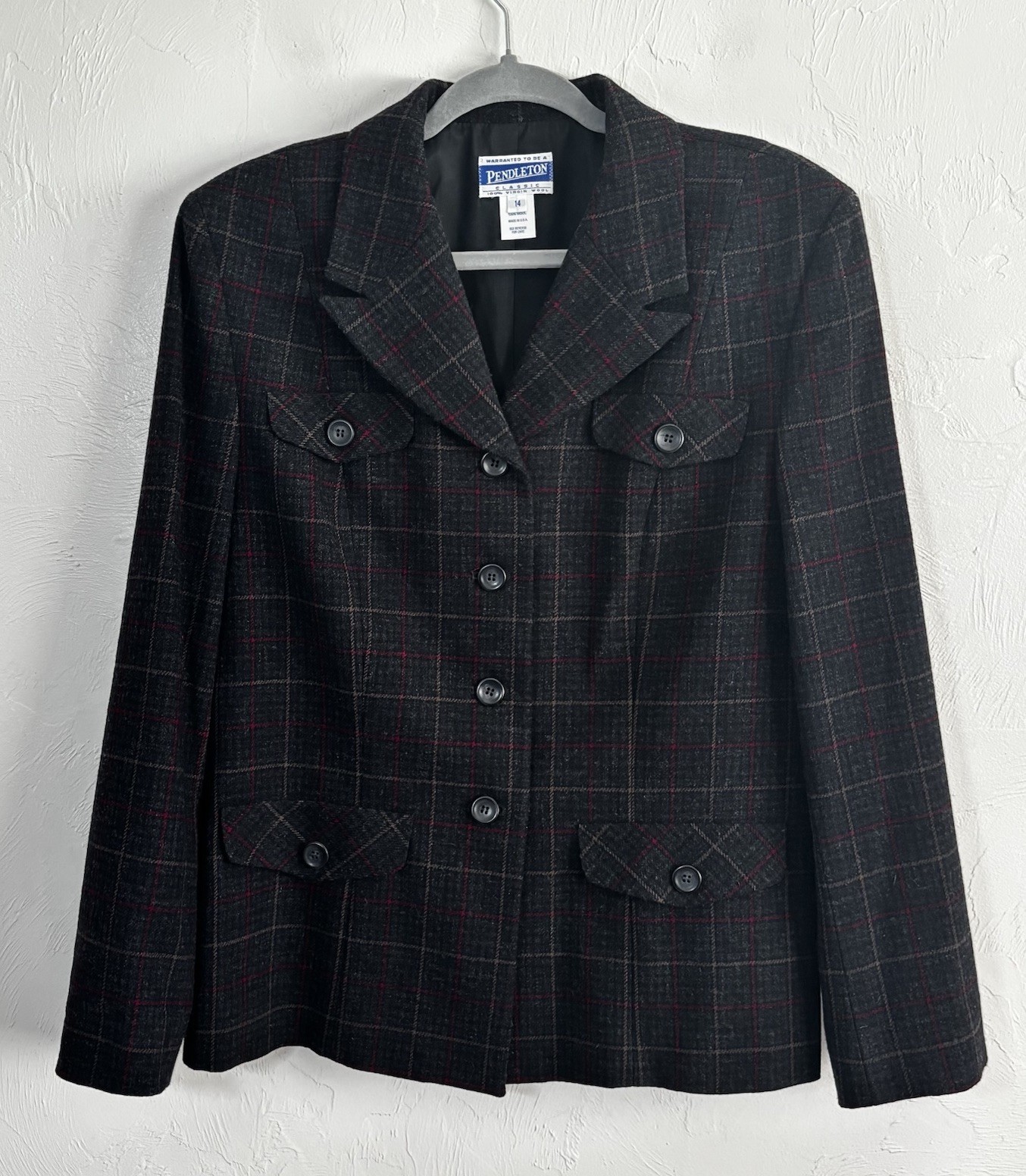 Vintage Pendleton Tartan Woolmark Pure New Wool 4 Button Blazer Jacket Size 14