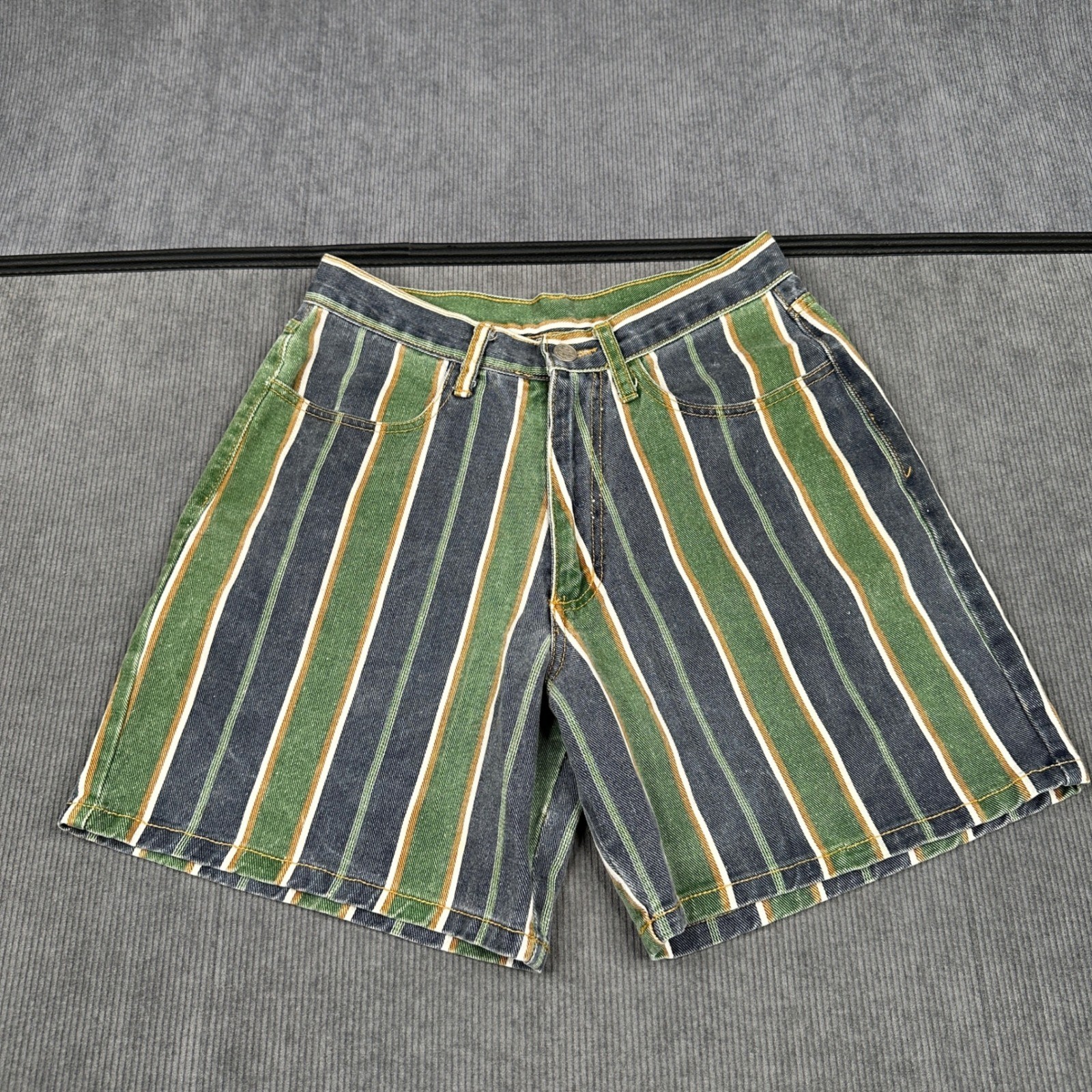Vintage Contempo Casuals Striped Denim Shorts Green Navy White High Waist Size 7