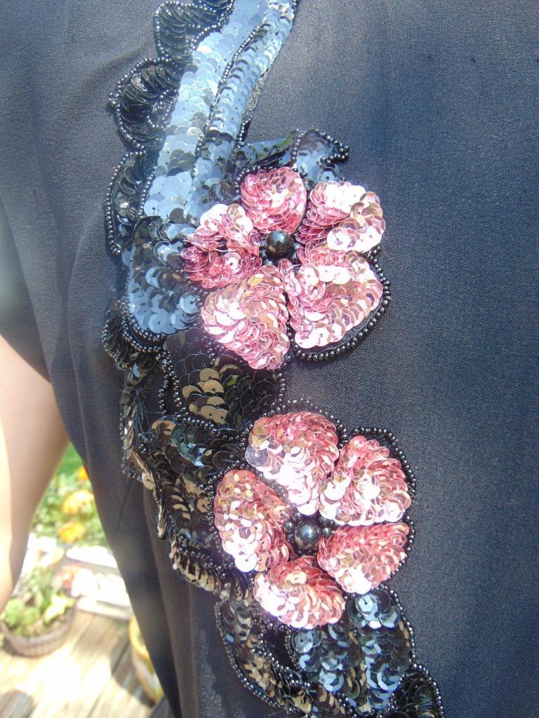 VTG 40s Black Rayon Sequin Cocktail Dress Back Drape 28W