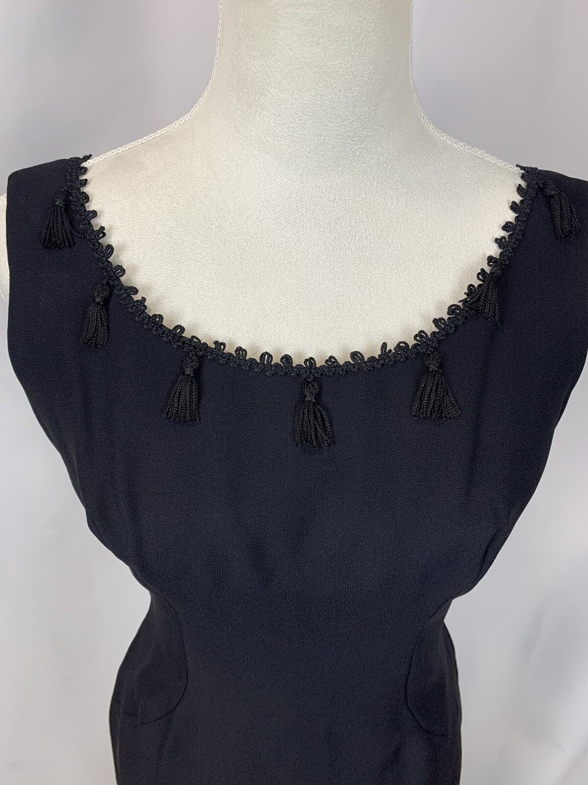 Vintage 60’s Black Fringe Tassels Union Made Sheath Dress Size 11
