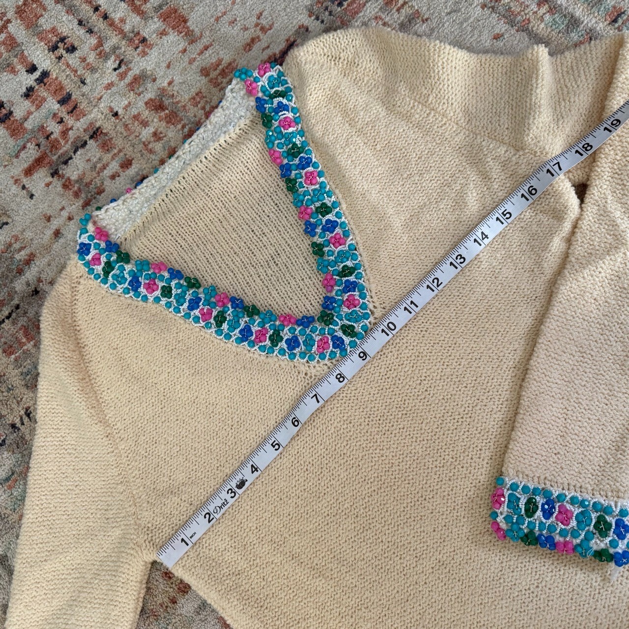 Cream Vintage sweater with blue, pink and white beading