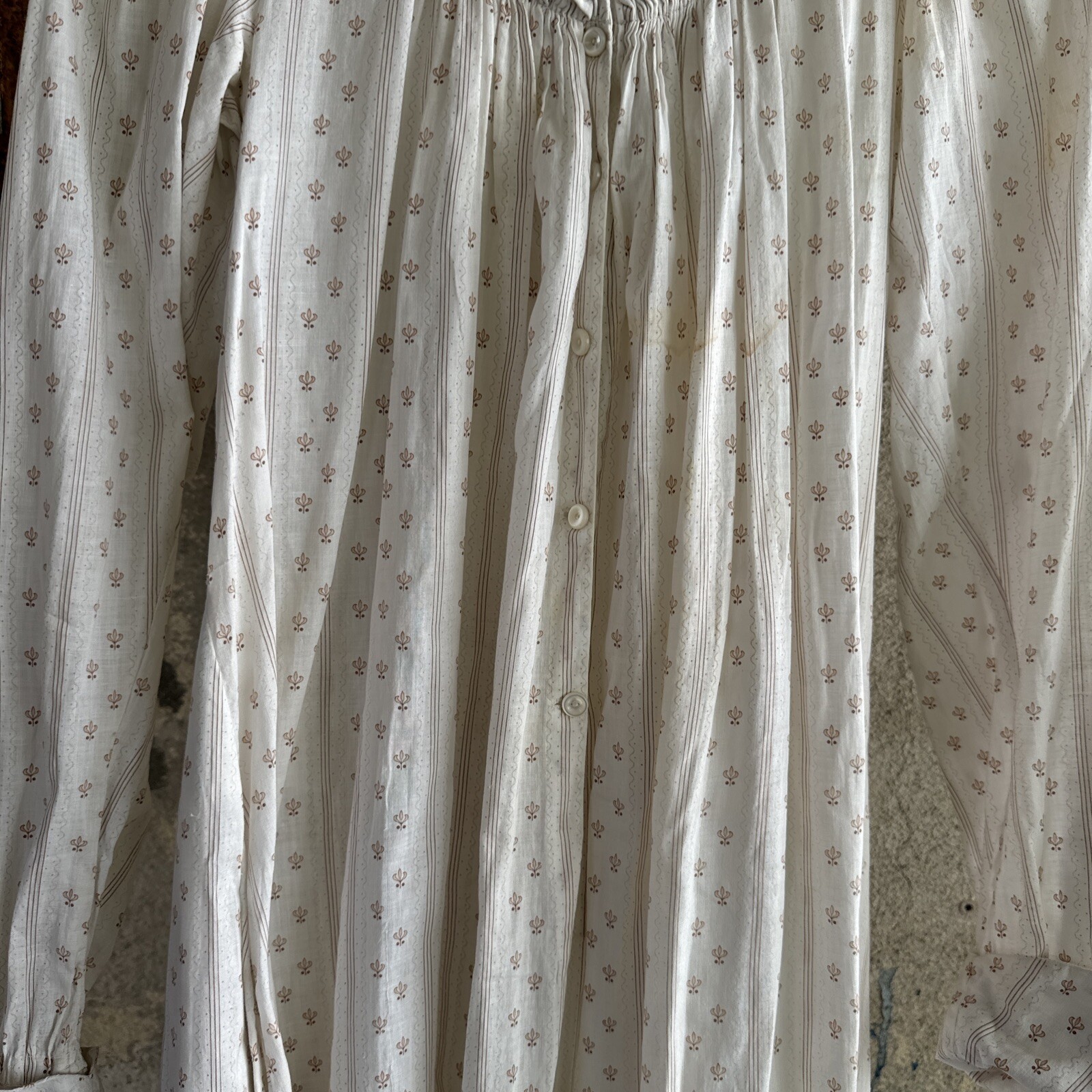 Antique Victorian White & Pink Calico Print Cotton Dress Mother of Pearl Vintage