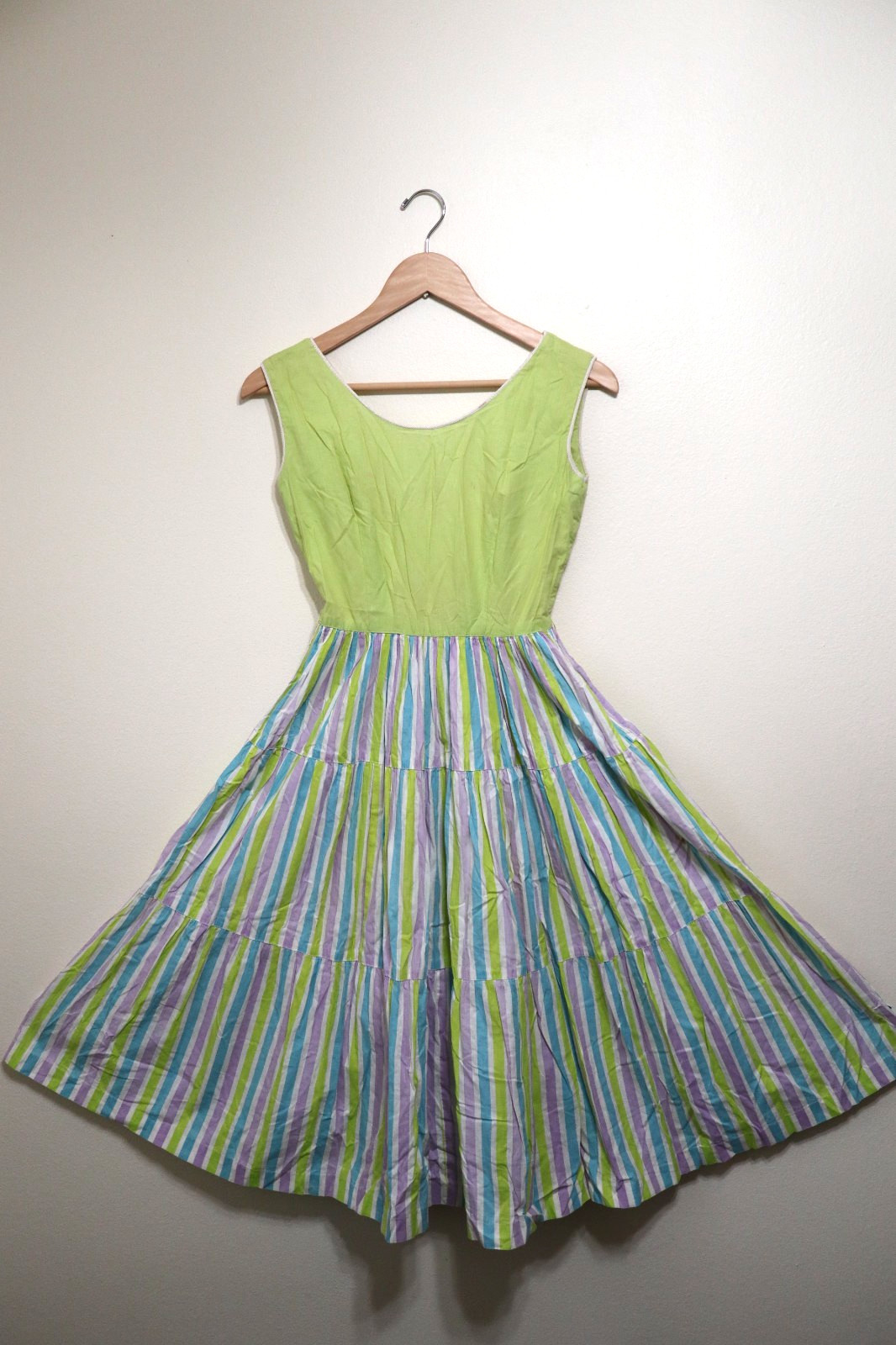 50s Abby Kent Chartreuse Stripe Sleeveless Tiers Full Skirt Day Dress Women XS 0