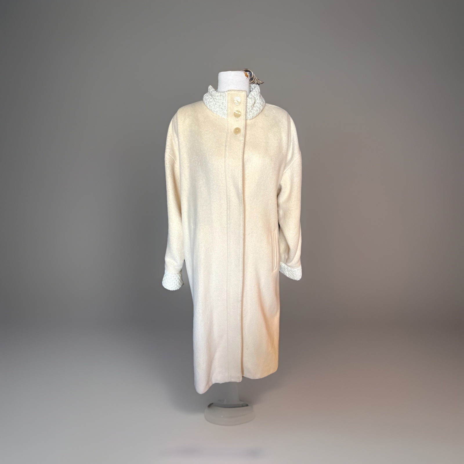 VTG 1960s Portrait Wool Maxi Coat L ILGWU Union Made USA Ivory Duster Trench Mod