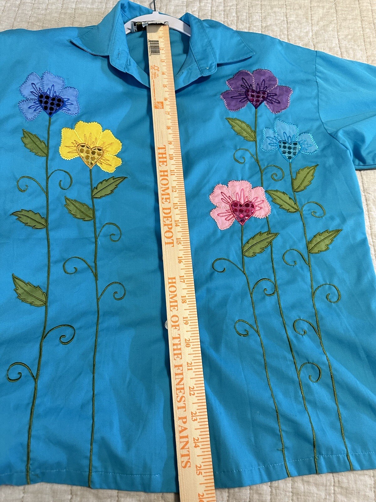 VTG Artsy CC Sportswear Blouse Button Up Womens M Embroidered Flowers Whimsical