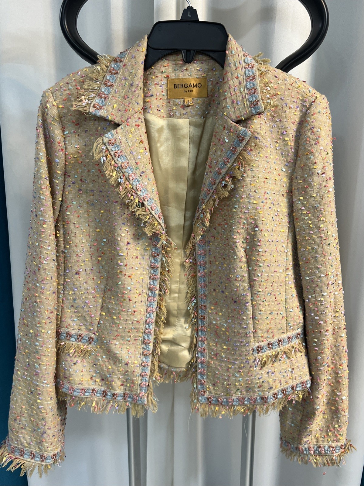 VTG Bergamo Studio Beige Blazer Jacket w/ Floral Fringe Stitches Sz 6 Small S