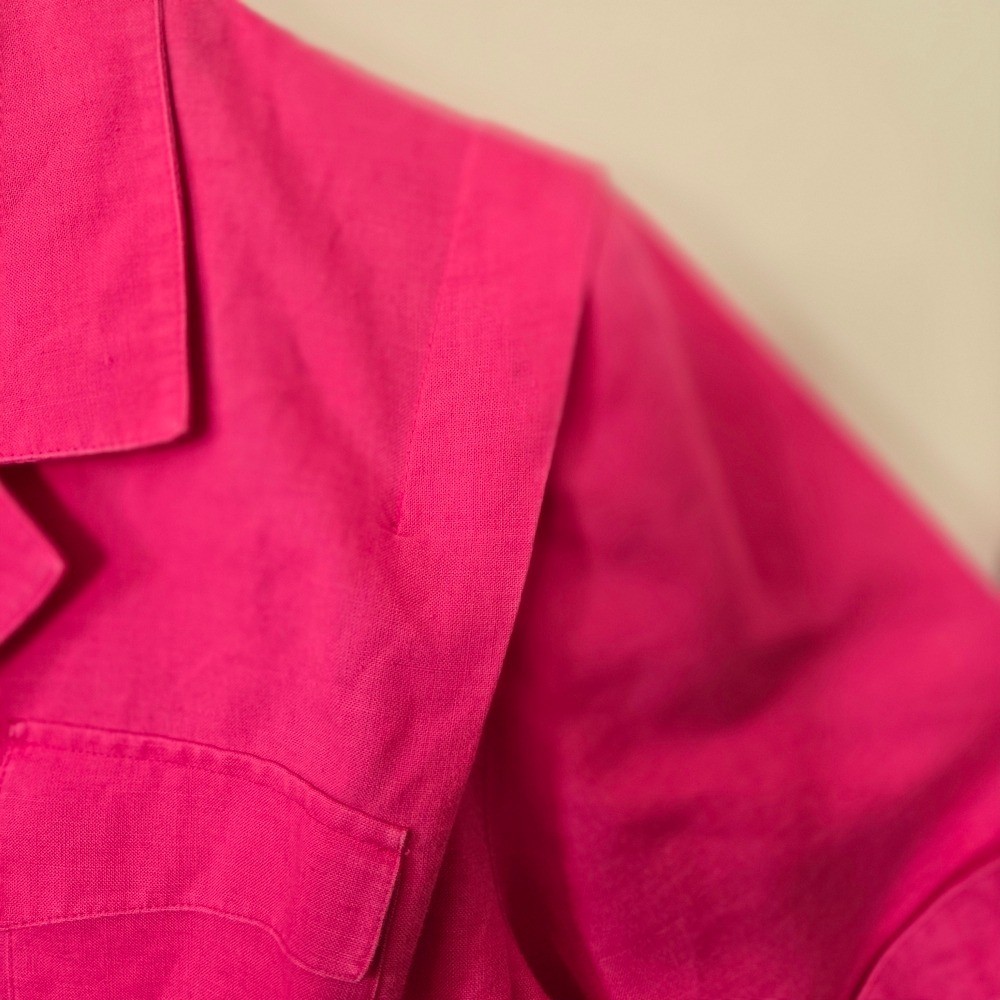 Bright Pink Gold Crown Button Blouse 80s Vintage Ramie Cotton Blend. Cuff Sleeve