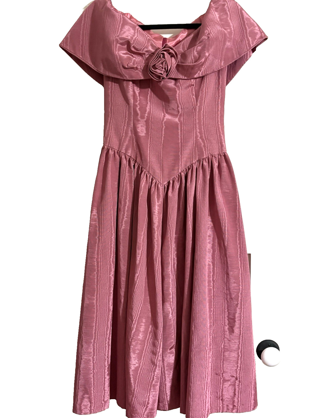 Vtg Handmade Rose Pink Moire Taffeta Dress 80s Basque Waist Rosette Prom Small