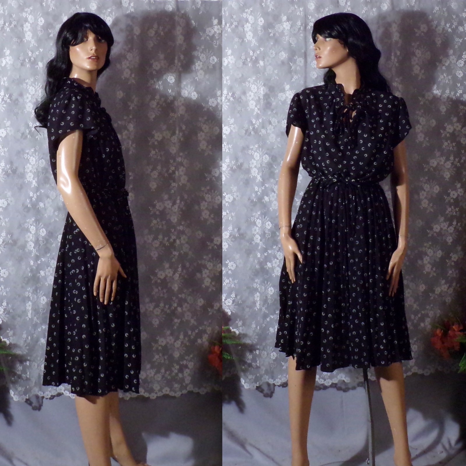 Vintage 70s Floral Dress Size Large 1970s Retro Black & White Feminine Spring