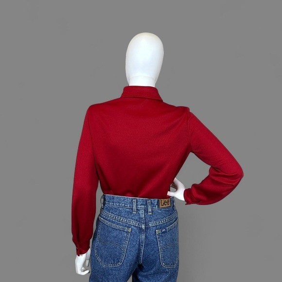 Vintage 70s Devon Red Dacron Polyester Dagger Collar Button Up Blouse Womens M