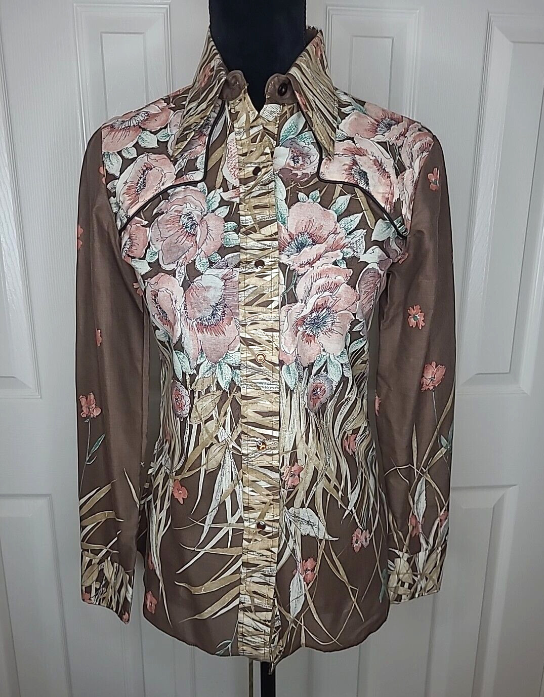 USA Made Tem Tex Western Women’s Long Sleeve Rockabilly Floral Snap Shirt 10 NOS