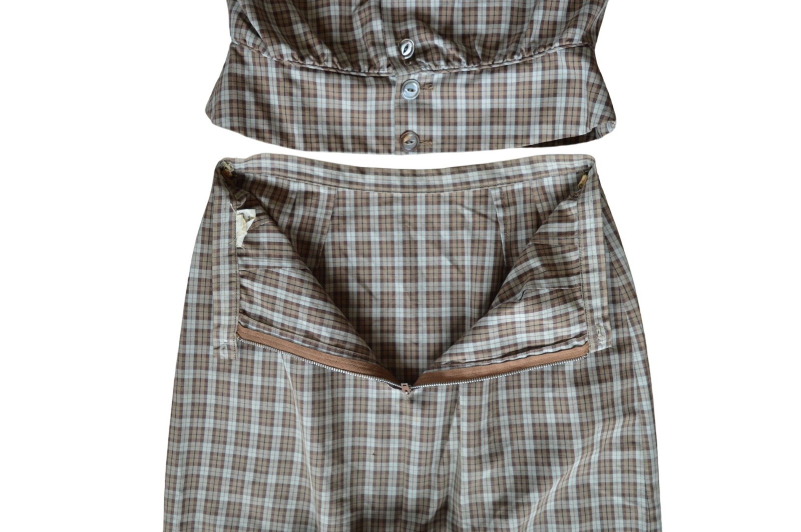 Vintage 60s Patty Woodard Brown Plaid Belted Skirt Set Juniors Size Small Coquet