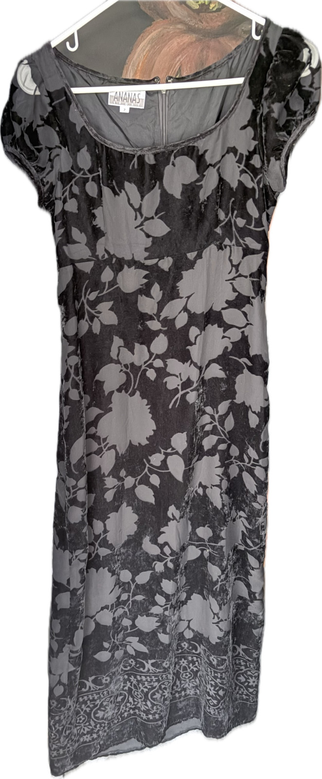 black velvet vintage dress long and stunning black floral zip back