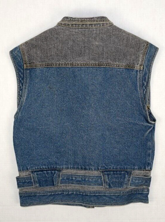 Vintage Jordache Denim Vest Size S/M 80s Belted 2 Tone Blue Wash Gray Denim Yoke