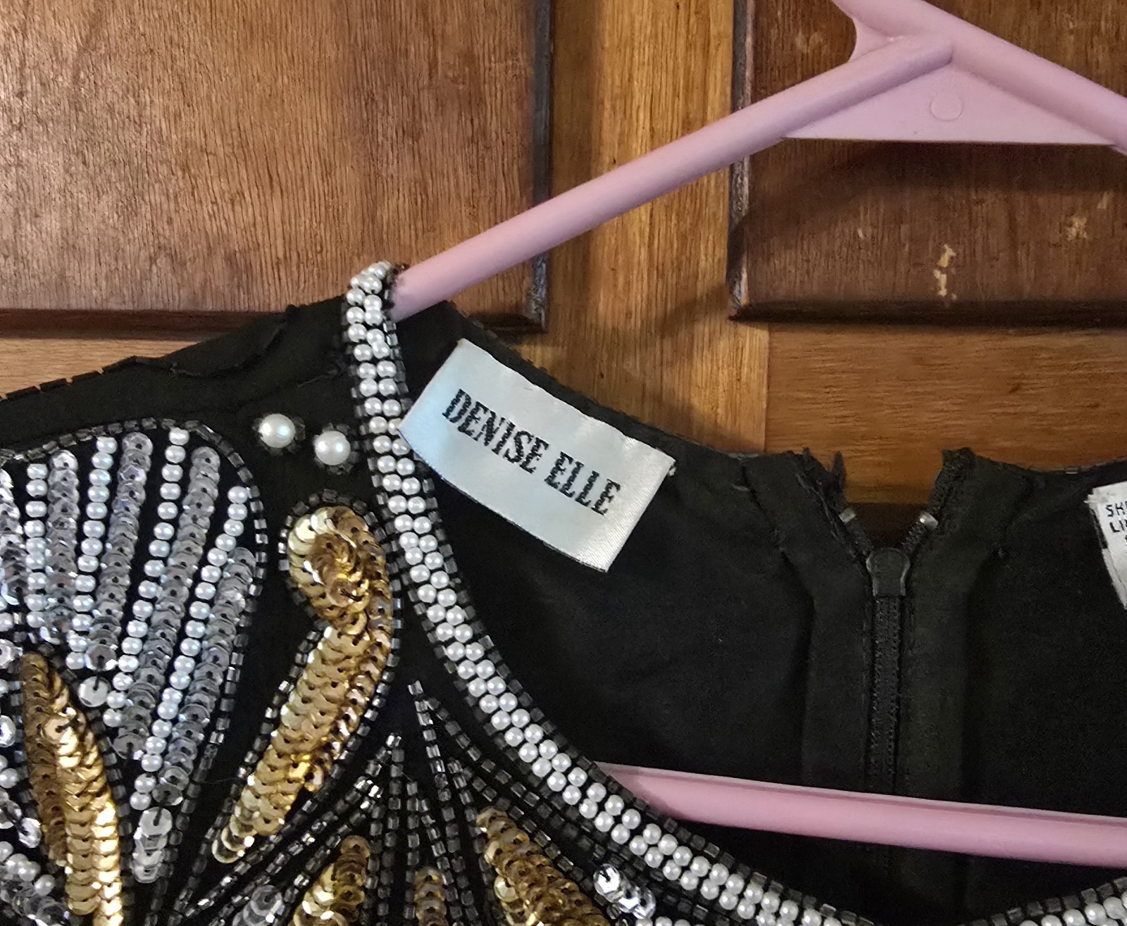Vintage Denise Elle Black Silk Cocktail Dress Featuring Gold & Silver Beaded…