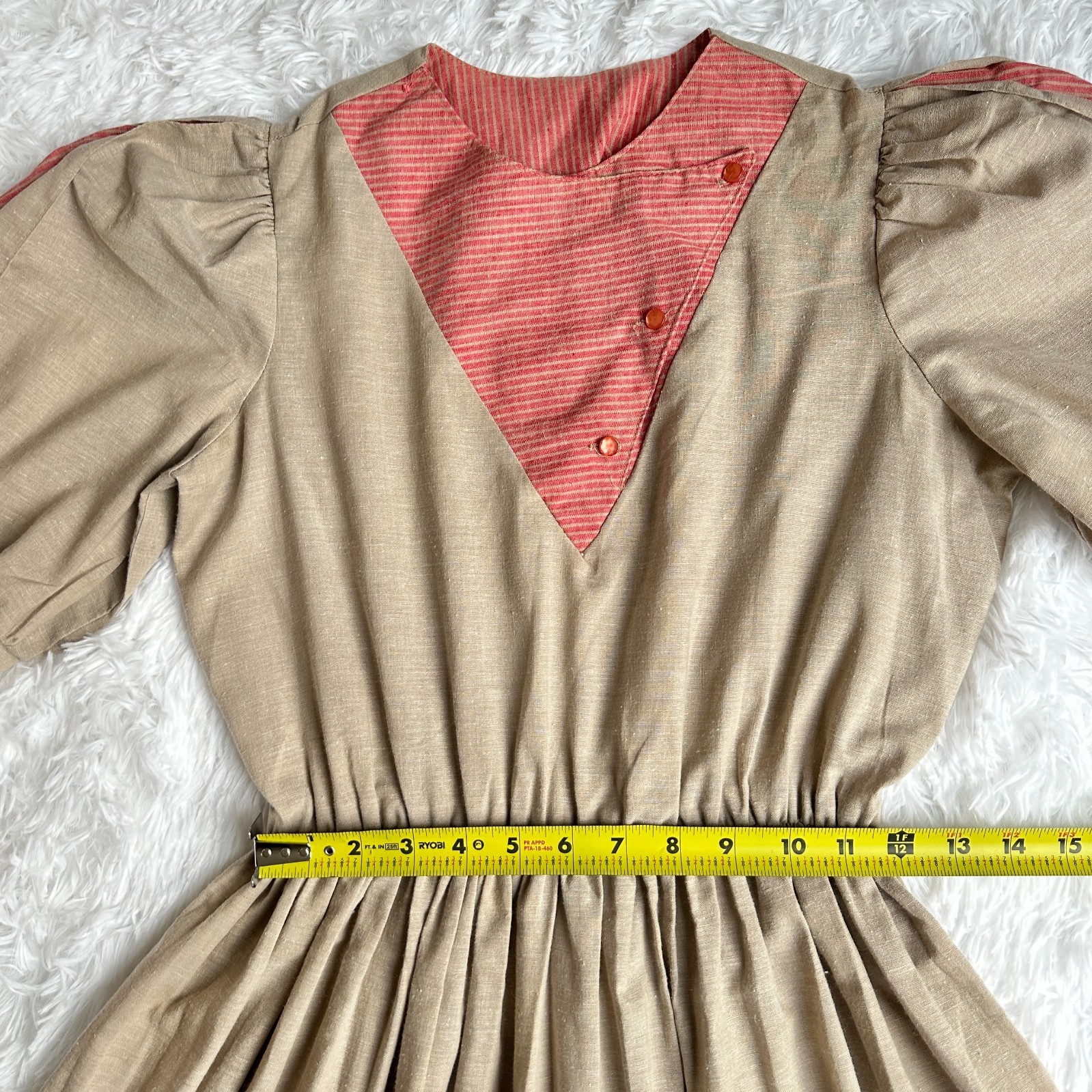 Vintage Impromptu Prairie Cottagecore Peasant Dress Brown Pink Puff Sleeve Women