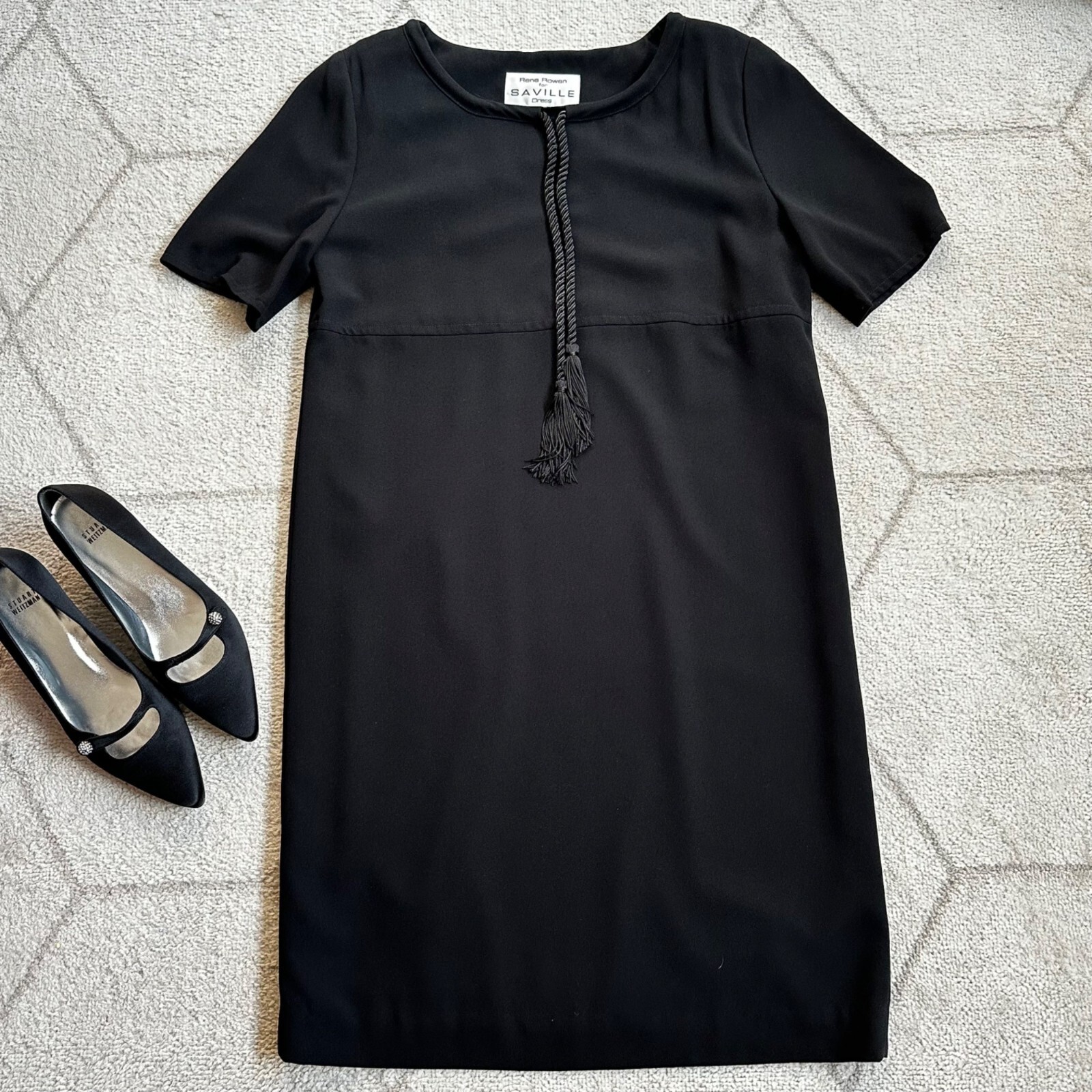 Vintage 80s Rena Rowan for Saville Black Shift Dress Rope Detail Sz 8
