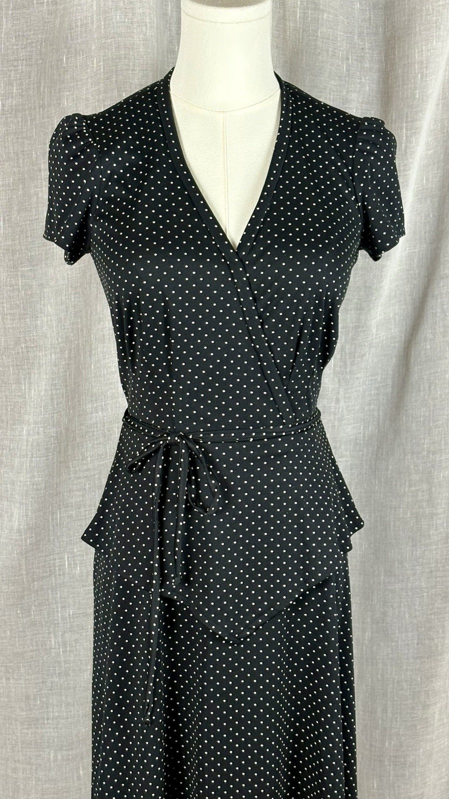 Vintage 70’s Polka Dot Peplum Dress Parisian Chic French Girl Dark Academia Sz S