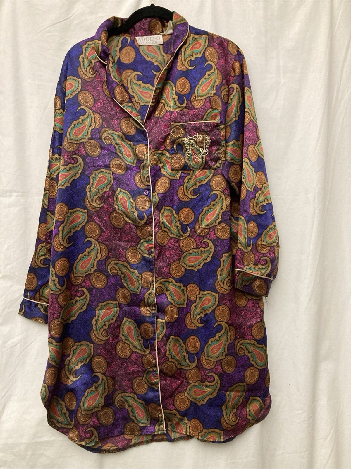 VTG Adolfo Classics Women’s Purple Paisley Metallic Pocketed Night Shirt – SZ L