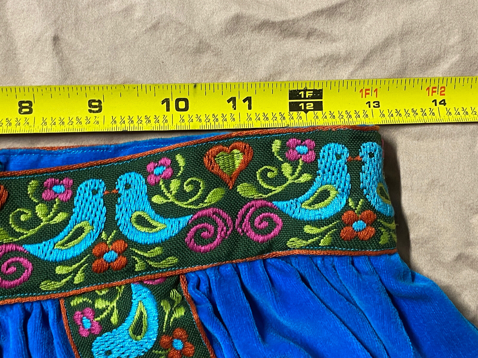 Vg 70s Velour BRIGHT Blue Plate SKIRT Boho FESTIVAL Ethnic Love Birds 26” Waist