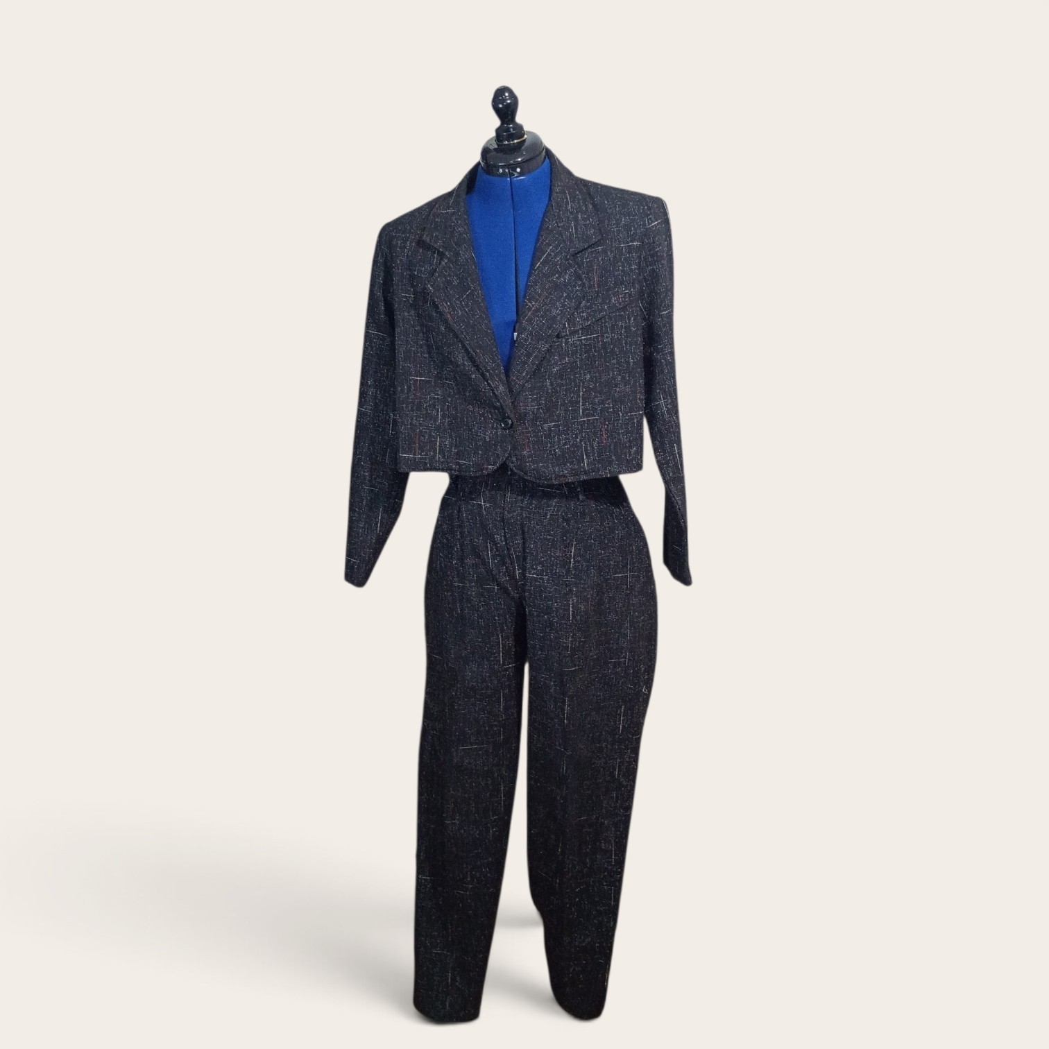Vintage 80s High-Waist Charcoal Tweed Pant Suit