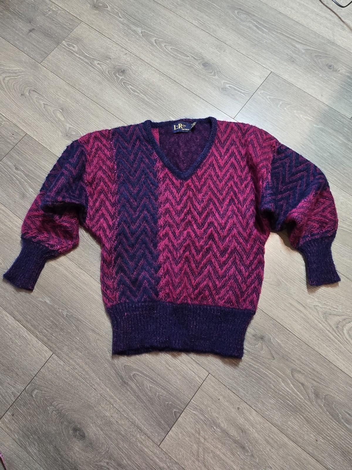 Vintage LeRoy Knitwear Wool Lurex Metallic Pink & Blue MCM Sweater Small Chevron