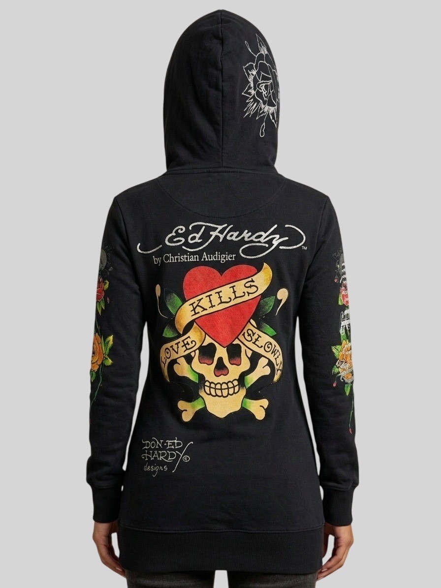 VTG Ed Hardy Christian Audigier Black Tattoo Graphic Zip Hoodie S | McBling Y2K