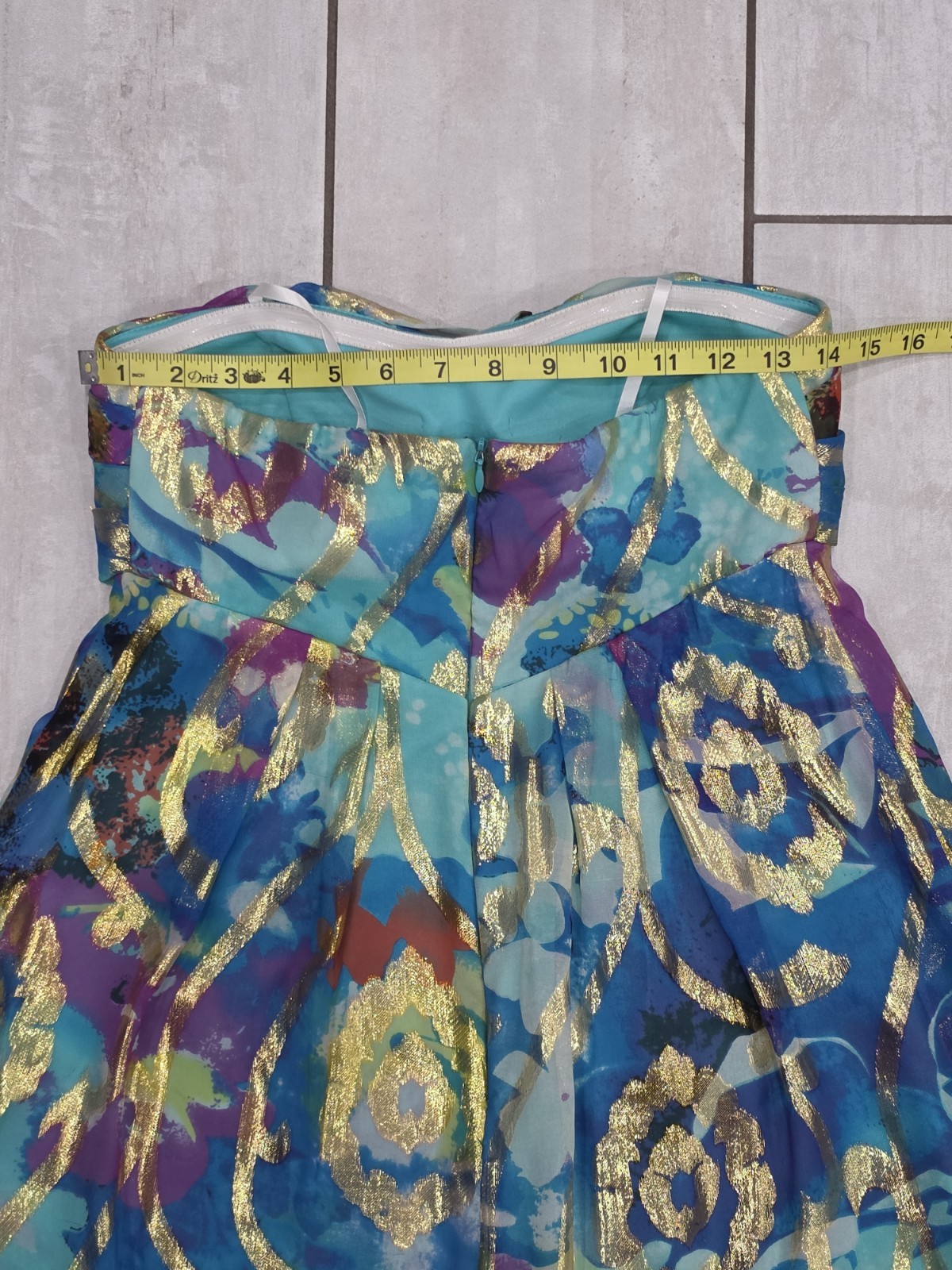 XSCAPE Y2K Vintage Silk Blend Strapless Bubble Hem Dress Metallic Gold Abstract