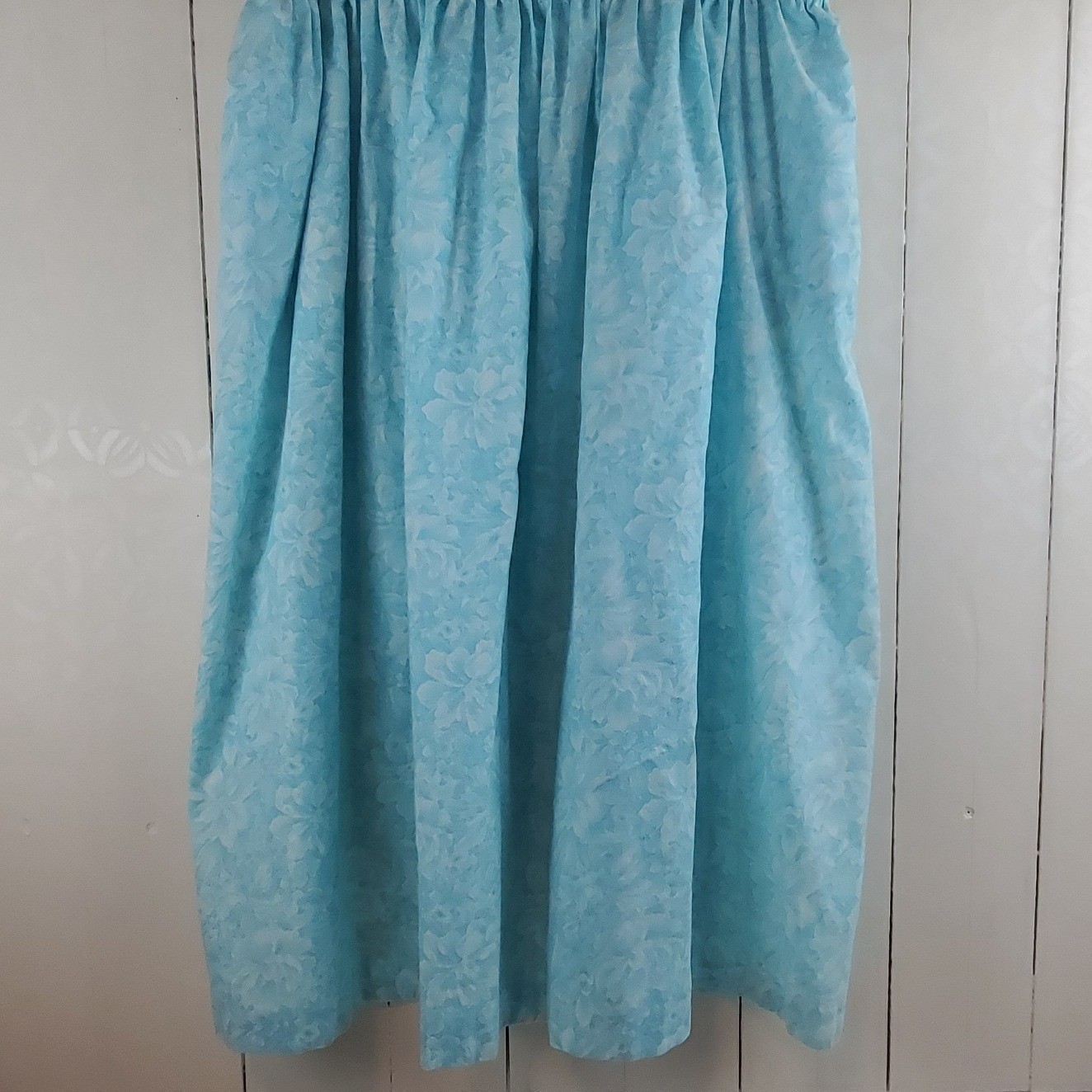Vintage Floral Midi Skirt Turquoise Blue White Elastic Waist Pockets Boho
